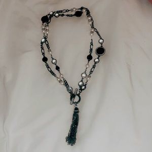 WHBM Convertible Hematite & Pearl Tassel Necklace